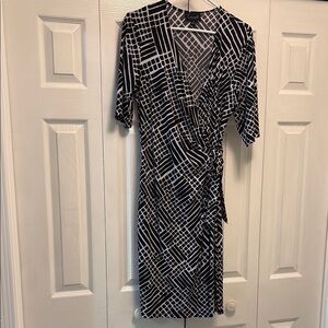 Connected Apparel Black and White Patterned Faux Wrap Dress